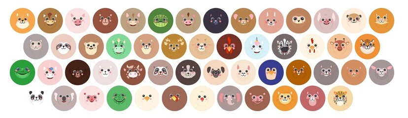 Animals Set Round avatar Cute portraits cartoon illustration flat vector raccoon, bear, sloth, panda, giraffe, fox, bunny, tiger, bear, tiger, dog, cat, frog, cow isolated for UI, app, mobile, kids