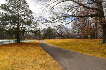 a long winding footpath in the park surrounded by yellow winter grass, bare winter trees, lush...