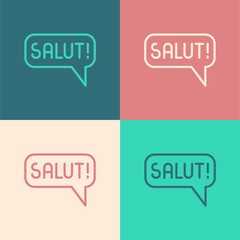 Pop art line Salut in different languages icon isolated on color background. Speech bubbles. Vector