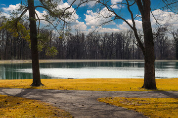 a shot of a still green lake surrounded by yellow winter grass in the park with bare winter trees...