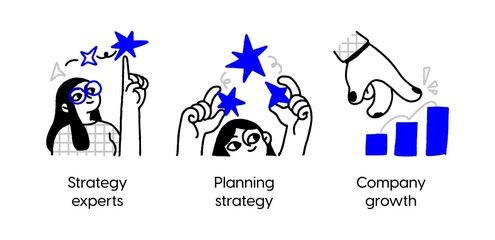Planning strategy services- set of business concept illustrations. Strategy experts, planning strategy, company growth. Visual stories collection