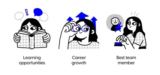 Employee Growth and Professional Development- set of business concept illustrations. Learning opportunities, career growth, best team member. Visual stories collection