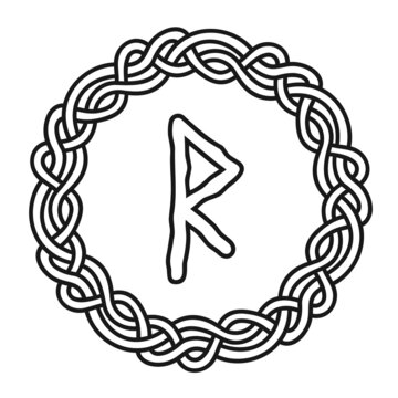 recommend clip art: Rune Raido in a circle - an ancient Scandinavian symbol or sign, amulet. Viking writing. Hand drawn outline vector illustration for websites, games, engraving and print.