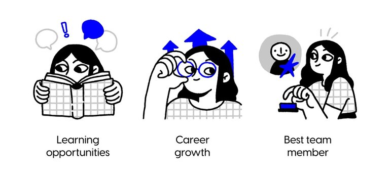 Employee Growth and Professional Development- set of business concept illustrations. Learning opportunities, career growth, best team member. Visual stories collection