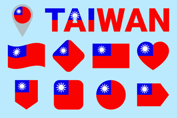 Taiwan flag vector set. Different geometric shapes with state name. Flat style. Tradition Taiwanese national symbols collection. can use for travel, sports, national design elements. isolated icons.
