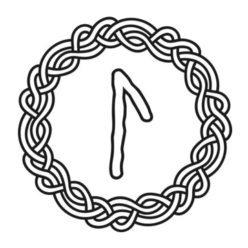 Rune Laguz in a circle - an ancient Scandinavian symbol or sign, amulet. Viking writing. Hand drawn outline vector illustration for websites, games, engraving and print.