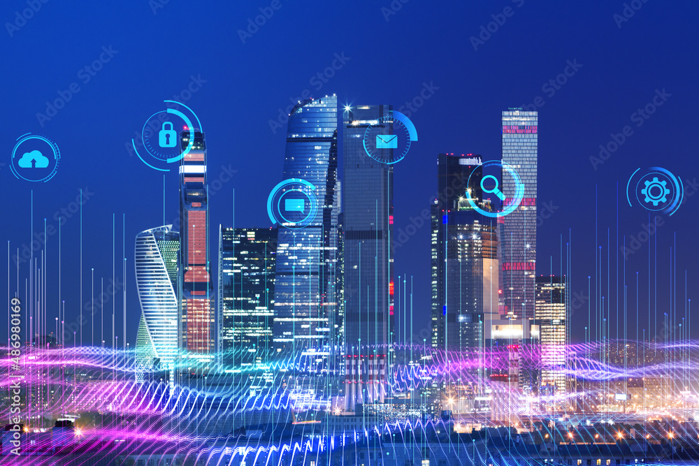 Aufkleber smart city and digital transformation concept with digital glowing information and communication tec