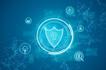 Creative glowing protection shield with polygonal mesh connections and business icons. Safety, security and communication concept. 3D Rendering. © Who is Danny