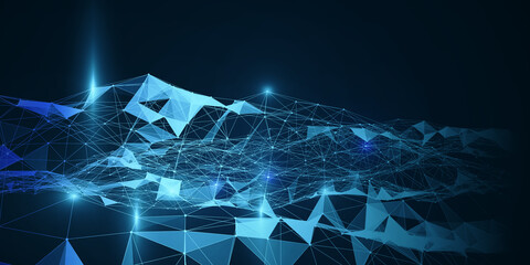 Close up of creative blue polygonal background with mesh. Network and science concept. 3D Rendering.