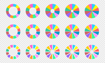 Pie and donut charts set. Infographic circle diagrams divided in 12 equal sections of different colors. Round shapes cut in twelve parts isolated on transparent background. Vector flat illustration.
