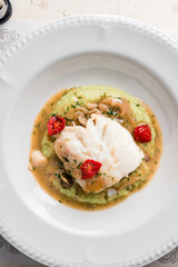 Barramundi or pangasius fish and meat steak with vegetable in plate Healthy food style