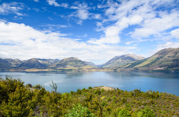 Fototapeta na wymiar Panoramic view of Lake Wakatipu, on the way between Queenstown and Glenorchy, New Zealand