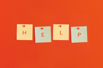 Mock up sticky notes with HELP on red background. Business concept, strategy, planning