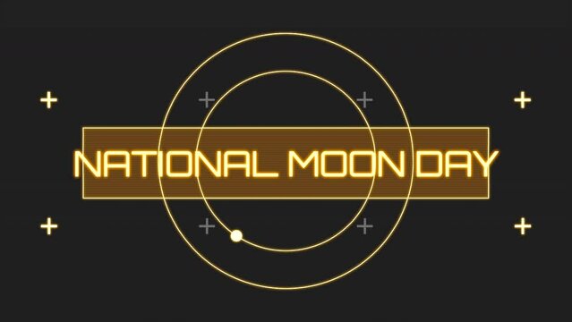National Moon Day on neon screen and HUD elements, motion abstract futuristic, cosmos and sci-fi style background