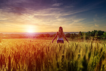woman in a wheat summer field