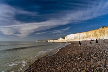 Beach and sea in England with white cliffs