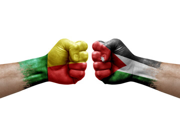 Two hands punch to each others on white background. Country flags painted fists, conflict crisis...