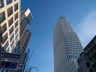 Tall buildings against the blue sky.