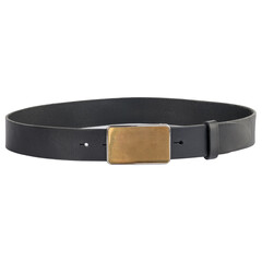 Black leather belt isolated on white background. Men's accessory. Black leather strap for trousers and jeans.