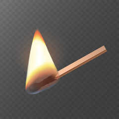 Realistic wooden burning matche stick and flame icon. Vector flat illustration. Design light for print, background, banner