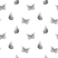 Seamless simple pattern with grey butterflies on white background 