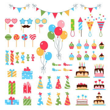 Birthday party flat icons set. Colorful anniversary elements on white background for carnival event celebration invitation, banner, card design. Gift box, balloon birthday cake hat vector illustration