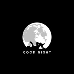 The concept of negative space logo with a full moon, good night, sleep tight, a man reading a book, and sweet dreams