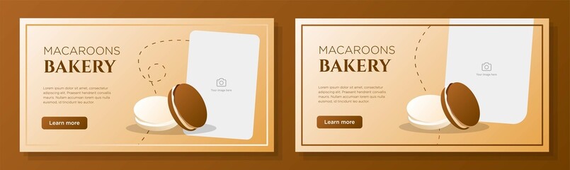 Macaron cookies online banner template set, macaroon bakery store corporate advertisement, horizontal ad, French dessert pastry campaign webpage, flyer, creative brochure, isolated on background