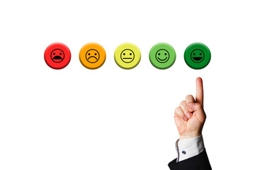 Customer or Employee or Stakeholder Stausfaction. Five smileys with green smiley pointed at by businessman's hand, symbolizing a goal or achievement.