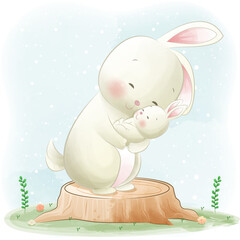 Cute hares mom and kid with hugs on tree stump