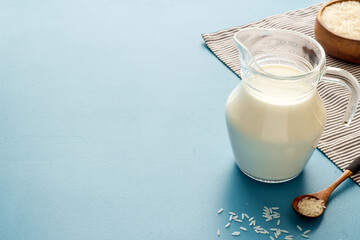 Non dairy vegan milk in glass jar with ingredients, close up