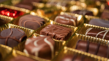 Delicious chocolate candies in packaging background
