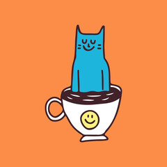 Blue cat chill out on cup of coffee, illustration for t-shirt, sticker, or apparel merchandise. With doodle, soft pop, and cartoon style.