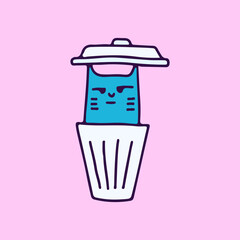 Bored cat on trash can, illustration for t-shirt, sticker, or apparel merchandise. With doodle, soft pop, and cartoon style.