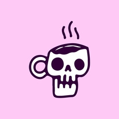 Coffee cup skull head, illustration for t-shirt, sticker, or apparel merchandise. With doodle, soft pop, and cartoon style.