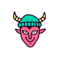 Devil head wearing beanie hat, illustration for t-shirt, sticker, or apparel merchandise. With doodle, soft pop, and cartoon style.