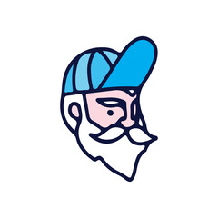 Bearded old man wearing snap back hat, illustration for t-shirt, sticker, or apparel merchandise. With doodle, soft pop, and cartoon style.