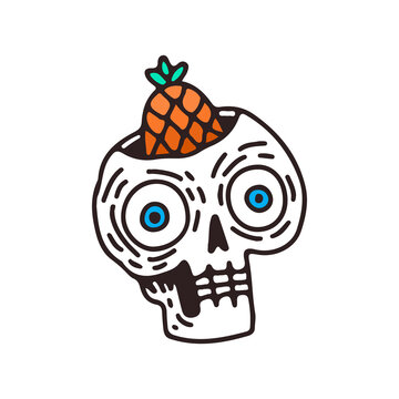 Skull head and pineapple, illustration for t-shirt, sticker, or apparel merchandise. With doodle, soft pop, and cartoon style.
