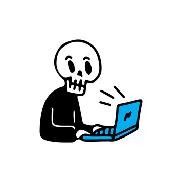 Skeleton working on laptop, illustration for t-shirt, sticker, or apparel merchandise. With doodle, soft pop, and cartoon style.