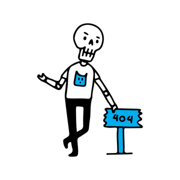 Cool skeleton with error 404 sign, illustration for t-shirt, sticker, or apparel merchandise. With doodle, soft pop, and cartoon style.