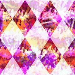 Diamond checkerboard summer tie dye batik beach wear pattern. Seamless stain harlequin check space dyed effect fashion. Washed out quilt patchwork soft furnishing background. 