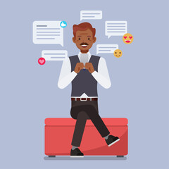 Businessman using mobile phone to comment and chatting on social media applications. people character vector design.