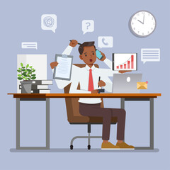 Busy businessman hard working on his desk in office with laptop and computer. people character vector design. - obrazy, fototapety, plakaty