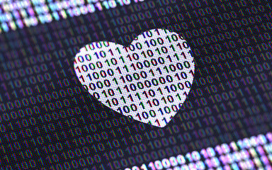 Heart icon in display with binary code ( array of bits ). 3D Illustration.
