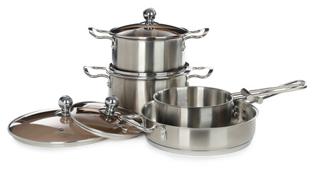 Set of stainless steel cookware on white background