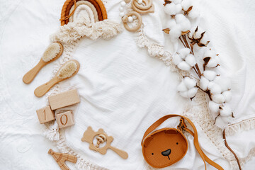Still life background of cute newborn accessories on white background - 486986390