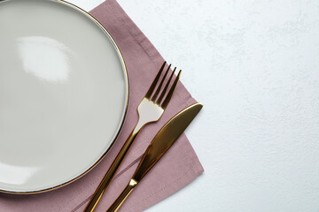 Beautiful table setting on white background, flat lay. Space for text