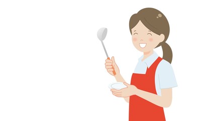 お玉と小皿を手に持つ料理代行スタッフ