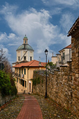 View of the dome of the Sanctuary of Madonna of the Coast from the old mule track leading to the hamlet of San Romolo, on the hill overlooking Sanremo, Imperia, Liguria, Italy