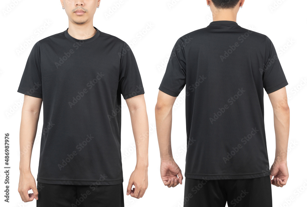 Wall mural Young man in black sport t-shirt mockup front and back used as design template, isolated on white background with clipping path.